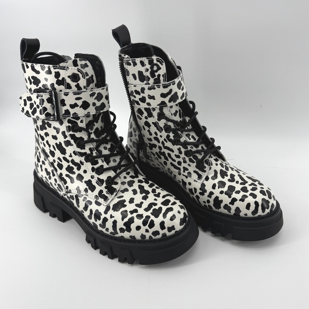 Levis Womens Giselle- Leopard Print Combat Lace Up Boots Shoes‎ Black Cream NEW - Picture 13 of 16